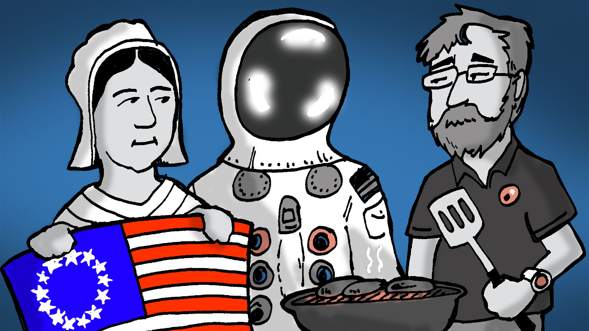 A cartoon triptych of Betsy Ross holding a 13-star flag, a lunar astronaut, and the author at a grill turning burgers.
