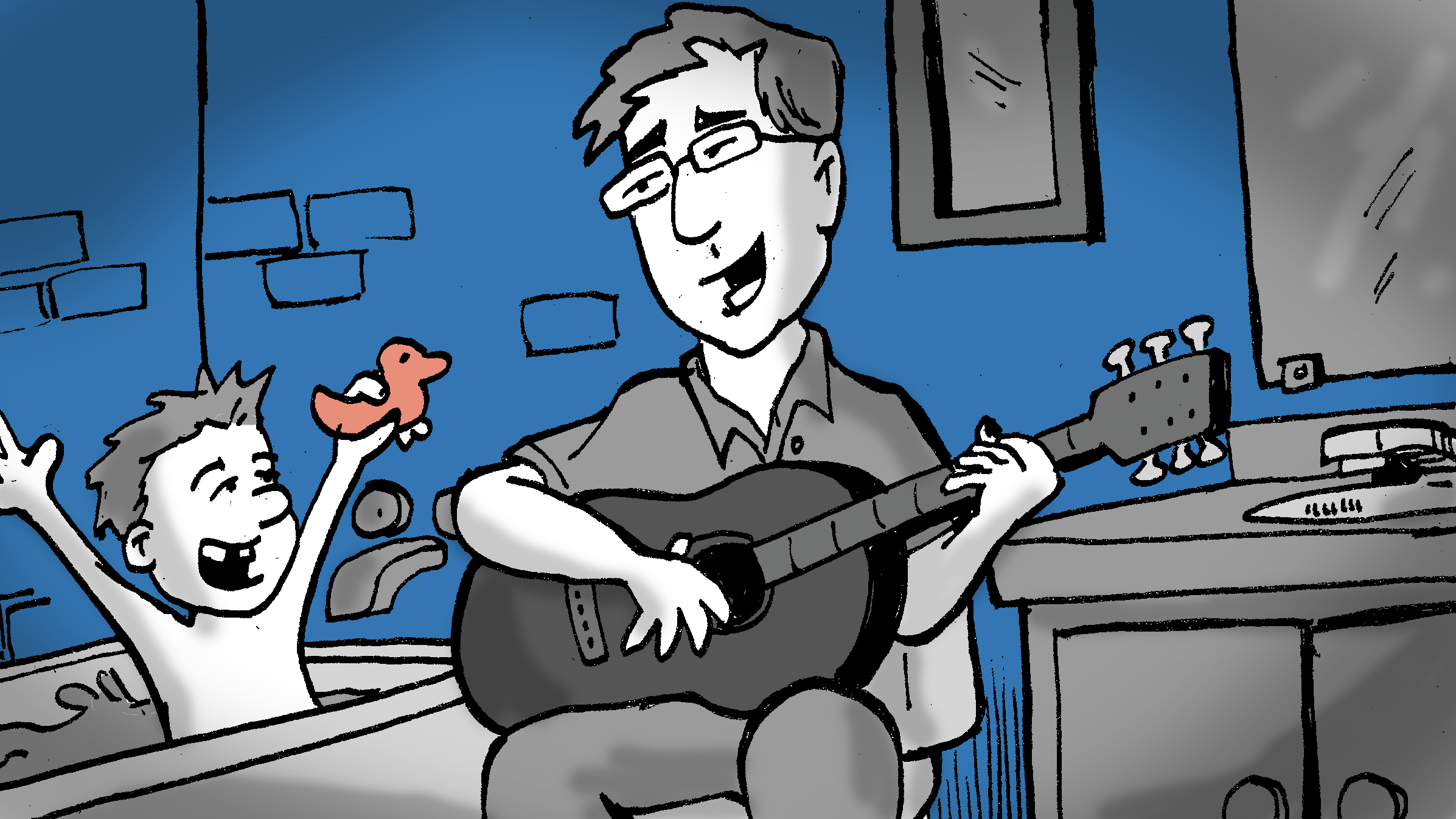 A father plays guitar in the bathroom while his child splashes in the tub holding a rubber duck.